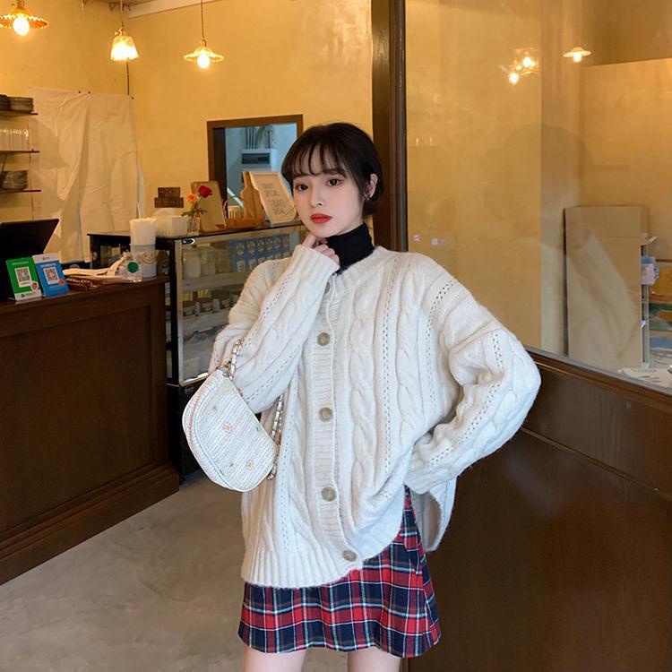 Áo Khoác Cardigan Dệt Kim Tay Dài Dáng Rộng Cổ Tròn Kiểu Hàn Quốc Thời Trang Thu Đông Cho Nữ