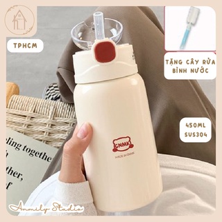 Bình giữ nhiệt cute GNMK ANMILY CUP 450ml phong cách Vlogger Hàn Quốc có ống hút kèm theo | tặng cây rửa bình nước