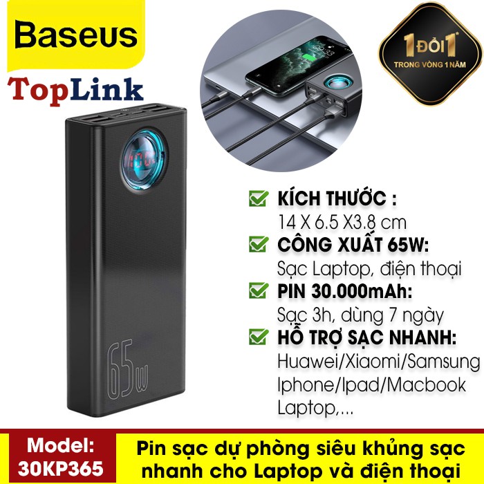 Pin Sạc Dự Phòng Baseus BS-30KP365 Dung Lượng 30000mah - 65W Sạc Nhanh QC3.0 Cho Iphone Ipad Laptop - TopLink
