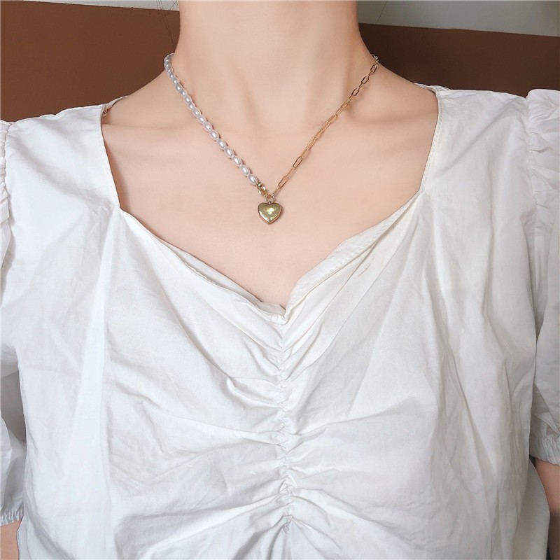 Dây chuyền hạt trai tim ulzzang màu vàng