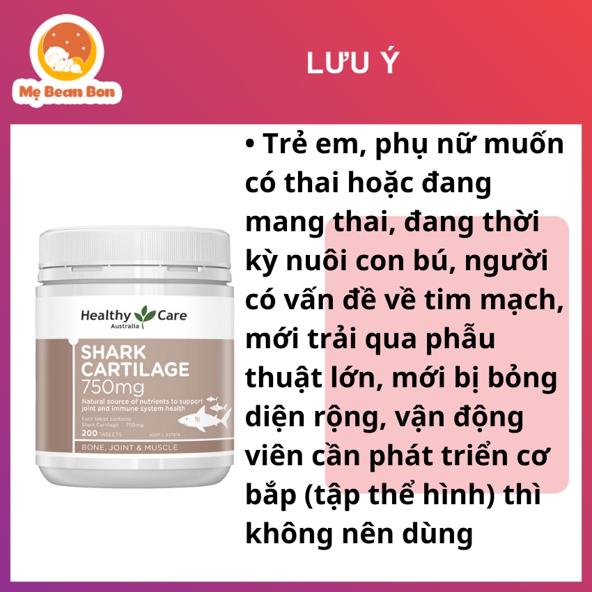 Sụn vi cá mập Healthy Care Shark Cartilage 750mg 200 viên của úc hỗ trợ xương khớp cho người trên 18 tuổi trở lên