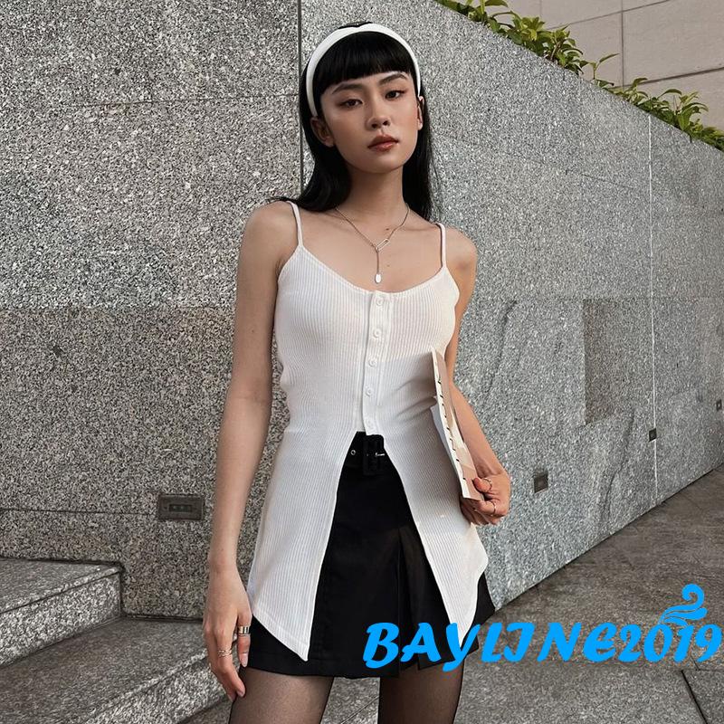 Áo Hai Dây Màu Trơn Xẻ Tà Phối Hàng Nút Phía Trước Thời Trang Cho Nữ