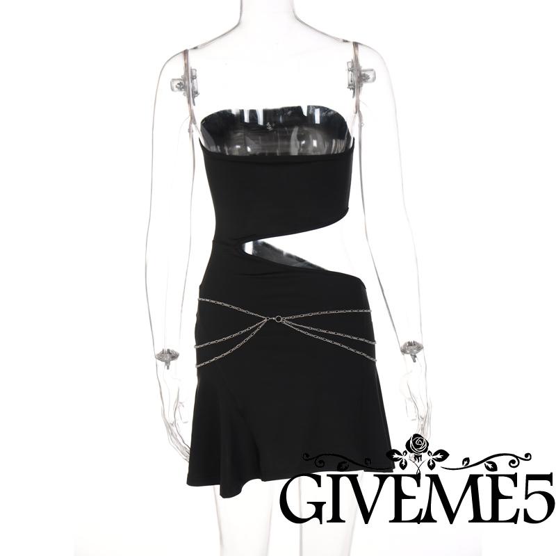 GIVEME-Women Strapless Off-shoulder Dress Solid Color Cutout Waist Sleeveless Black Bandeau Dress with Chain Party Wear