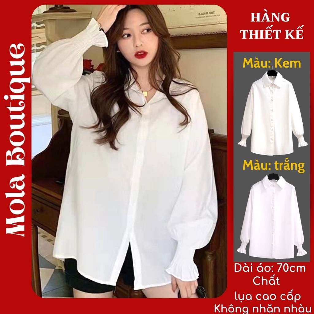 Áo Sơ Mi Trắng Nữ Kiểu Công Sở Form Rộng Đẹp MOLA Tay Phồng Dài Bo Chun Bánh Bèo Hàn Quốc Màu Trắng Kem và Trắng Tinh