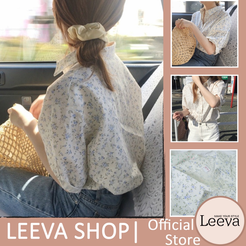 LEEVA - Áo sơ mi nữ tay ngắn phối họa tiết hoa nhí phong cách nhẹ nhàng A251