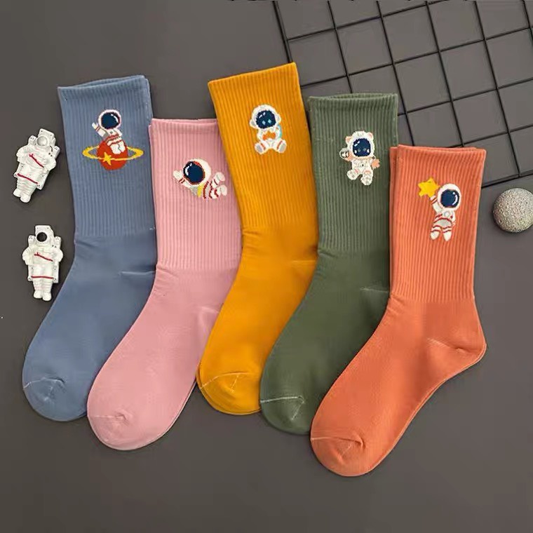 Tất Vớ Dài Cô Cao Nam Nữ Màu Trơn Có Thêu Hình Phi Hành Gia vải cotton mềm mại thấm hút,