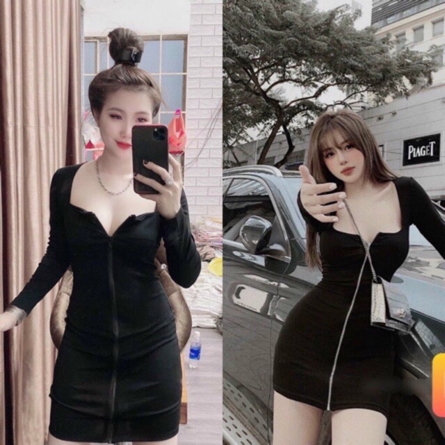 Đầm tay dài dây kéo cổ vuông (al)