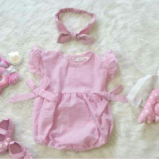 Set đồ bé gái - Body nơ kẻ hồng kèm turban cho bé