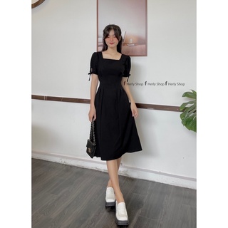 ĐẦM MIDI CỔ U XẾP LY EO TAY BỒNG