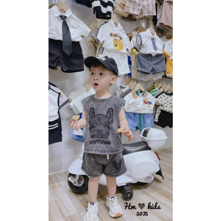 Bộ quần áo ba lỗ bé trai, Bộ sát nách chó giặt mốc cho bé