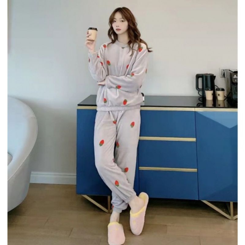 Bộ đồ ngủ lông trơn họa tiết DÂU, Quần bông giữ nhiệt siêu ấm