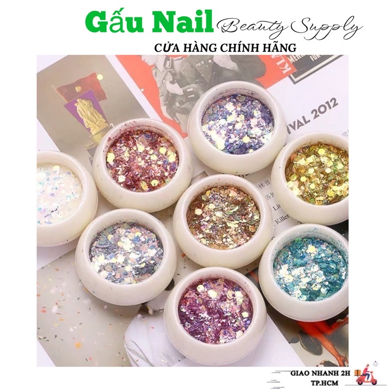 Set nhũ kim tuyến 8 màu trang trí ,Nhũ Vảy Cá 9D kim tuyến 8 hũ Nail / Gấu Nail