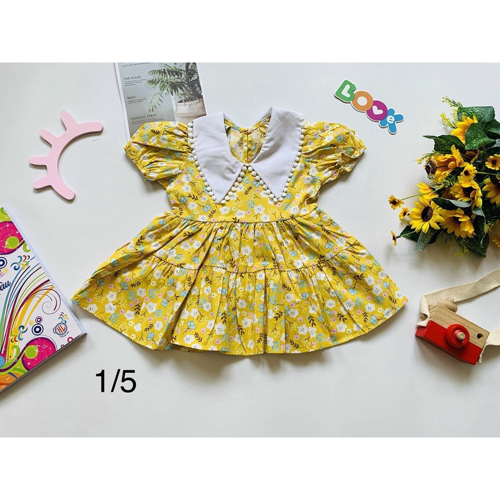 ĐẦM HOA NHÍ XANH CỔ REN CHO BÉ GÁI