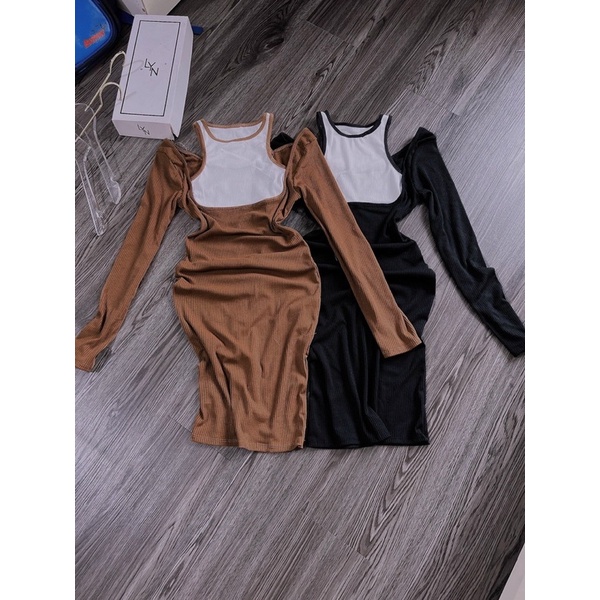 [FREESHIP] Đầm body nữ form ngắn cổ yếm layer phối viền hở vai tay dài hai màu siêu hot siêu xinh