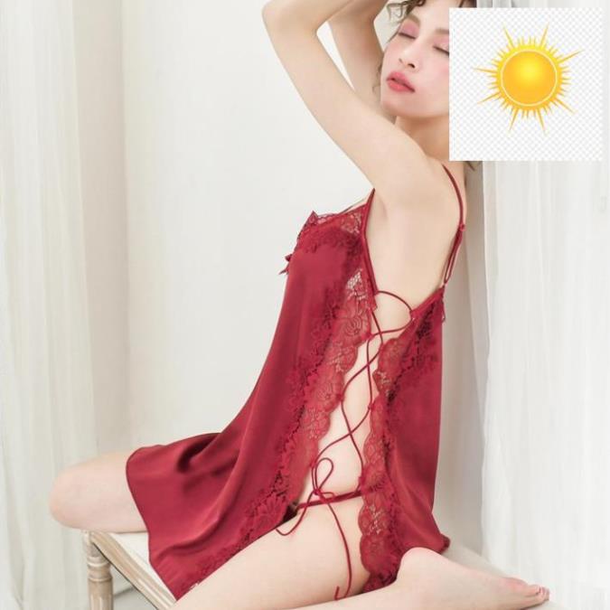 Váy ngủ sexy đan dây hông đầm ngủ lụa phối ren gợi cảm với màu đỏ đô quyến rũ Ly Ly Shop ️🤹️🎊