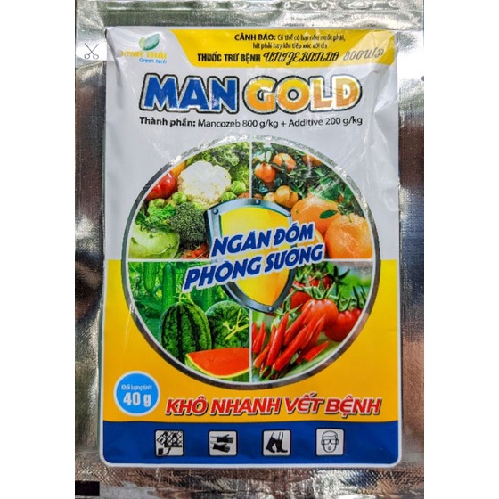 Chế phẩm xử lý nấm bệnh Man gold 40g. Trị vàng lá, sương mai, đốm lá. Màu vàng nhạt không bẩn lá, hoa quả