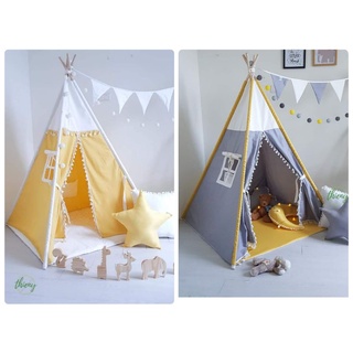 Combo Lều vải Xám Vàng - Vàng Trắng, đệm, dây cờ, dây đèn, gối. Lều vải Thiên Ý cho bé
