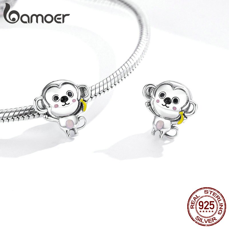Hạt phụ kiện BAMOER SCC1575 bạc 925 họa tiết chú khỉ kim loại dễ thương dùng làm vòng tay/ trang sức thủ công