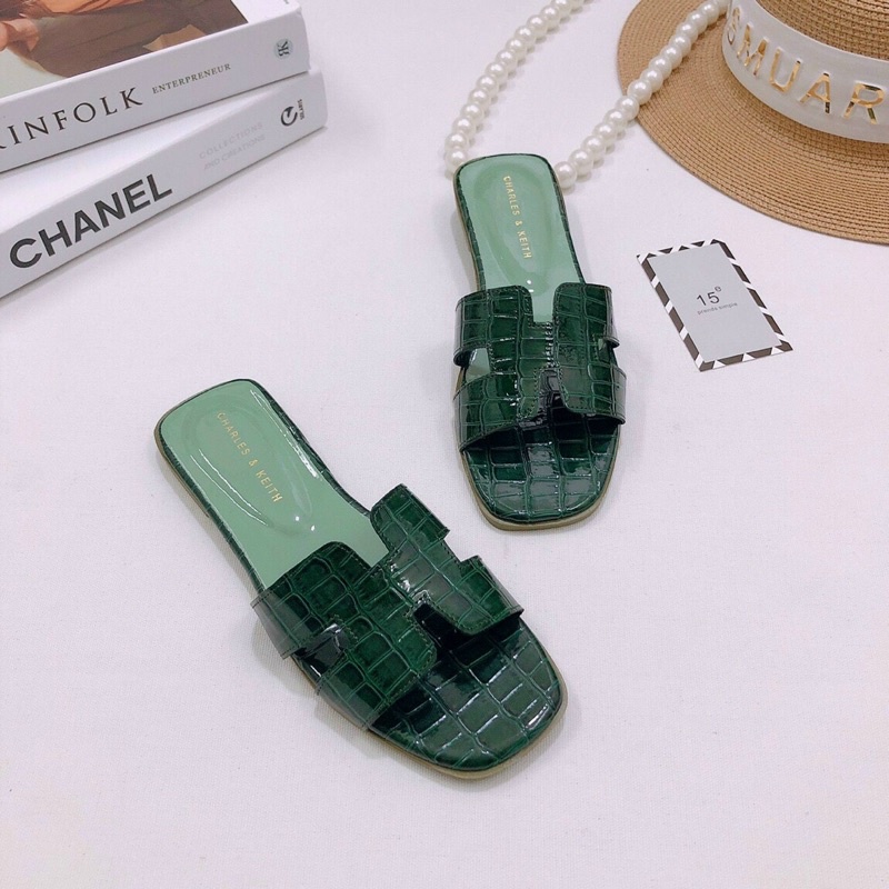 Dép bản H kiểu hm đế xẹp vân da bóng kháng nước cao cấp lên chân cực xinh - Chi Chanh Store