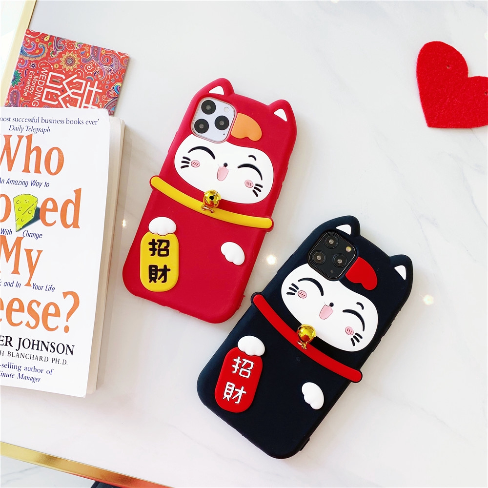 Ốp điện thoại silicon dẻo hình chú mèo may mắn màu đen đỏ cho iPhone  13 Pro Max /12 Pro/iPhone 11 Pro Max XS Max XR X 8 Plus 7 6 6S Plus