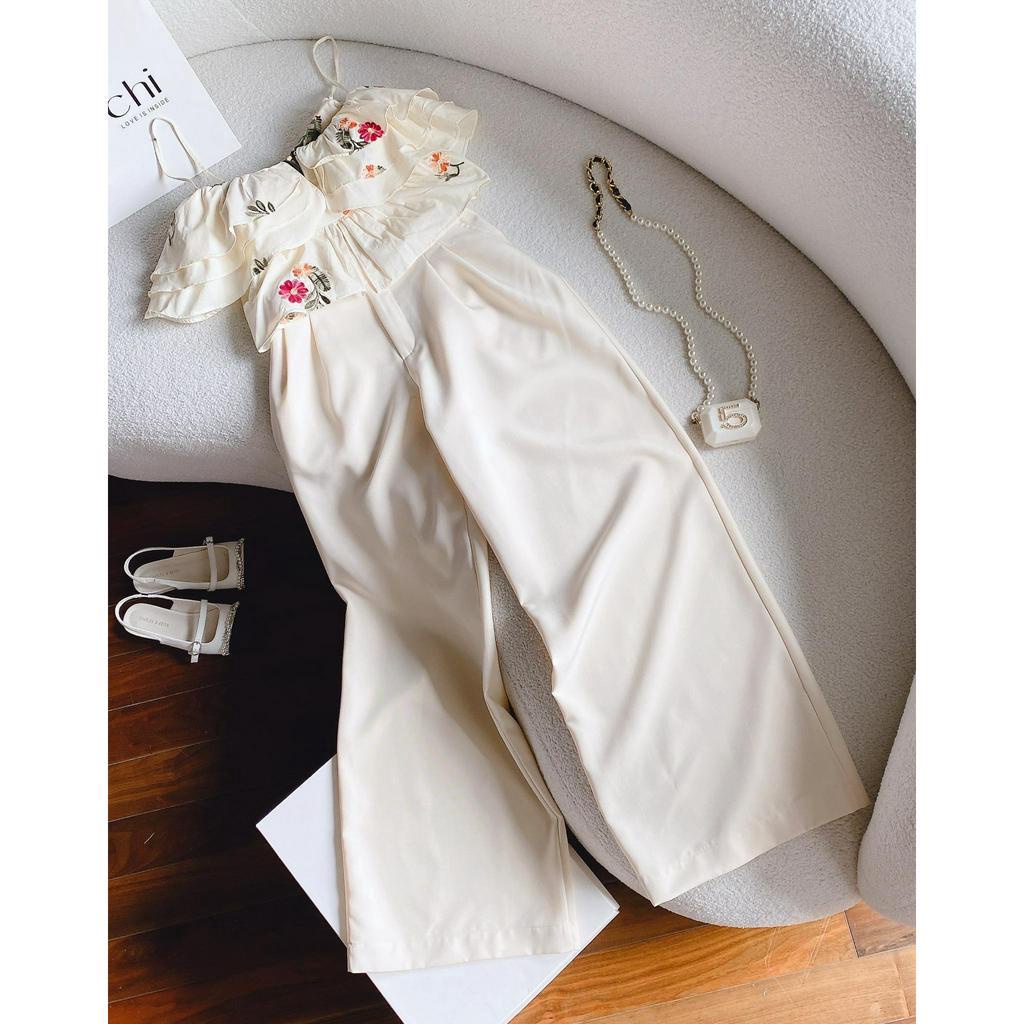 SET ÁO 2 DÂY THÊU HOA BÈO TẦNG + QUẦN NUDE XẾP EO