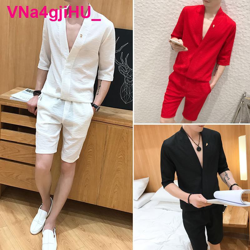 Đêm mùa hè thời trang nam bộ vest hộp quần short chín điểm hợp người mẫu đẹp trai áo cá tính dụng cụ