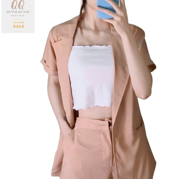 Set vest nữ áo blazer tay ngắn 1 lớp túi nắp phong cách hàn quốc kèm quần short cạp chun thanh lịch JUMIO | BigBuy360 - bigbuy360.vn