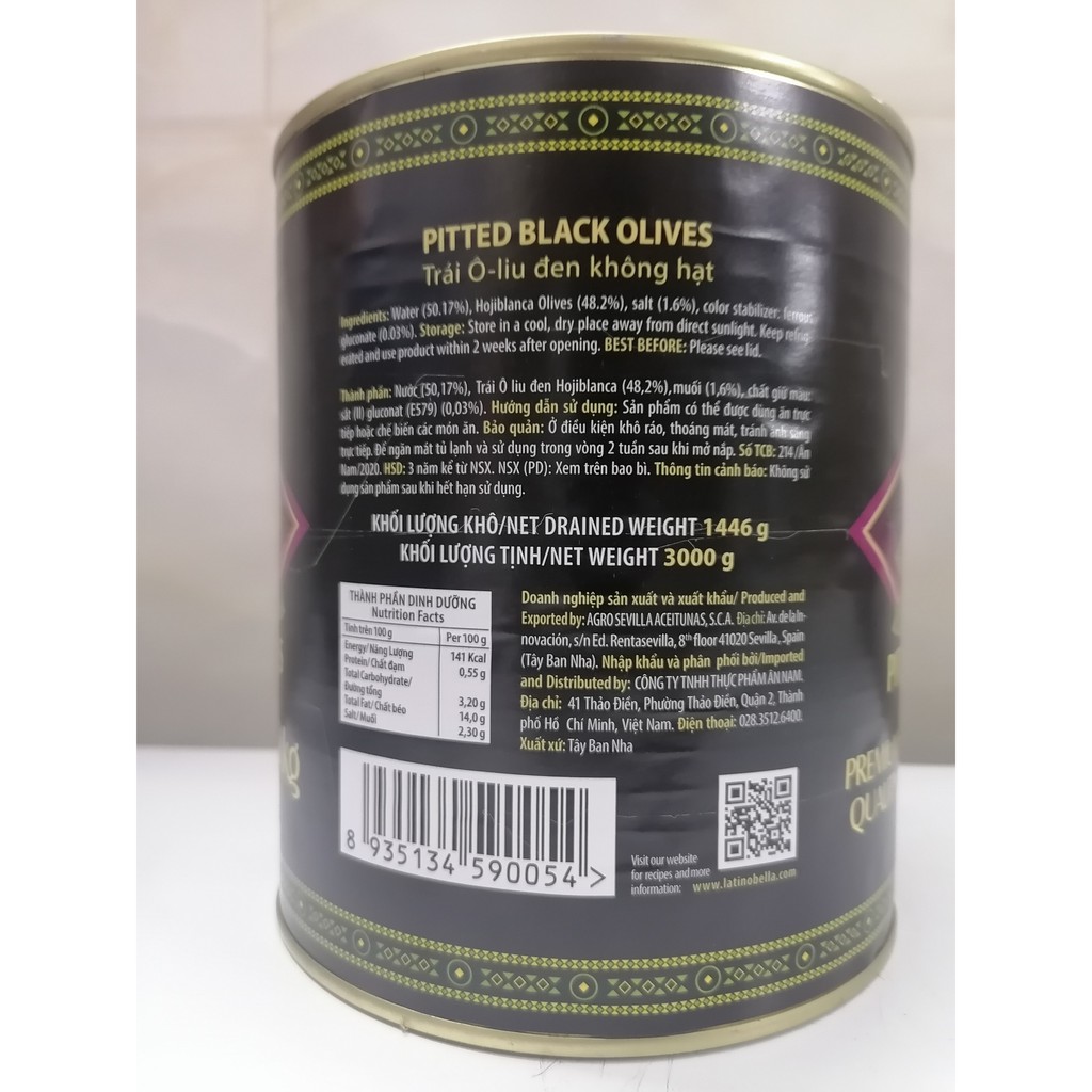 [HỘP ĐEN LỚN 3Kg] TRÁI Ô LIU ĐEN TÁCH HẠT [Spain] LATINO BELLA Pitted Black Olives (anm)