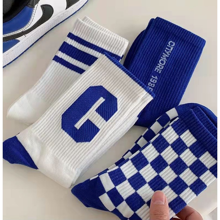 Vớ Cotton Cổ Cao Họa Tiết Kẻ Sọc Màu Xanh Dương In Chữ C Klein Thời Trang Cho Nữ