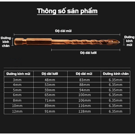 Mũi khoan đa năng các loại 6-8-10-12mm - Mũi khoan Gạch men, Thủy tinh, Đá hoa, Bê tông, Tường..