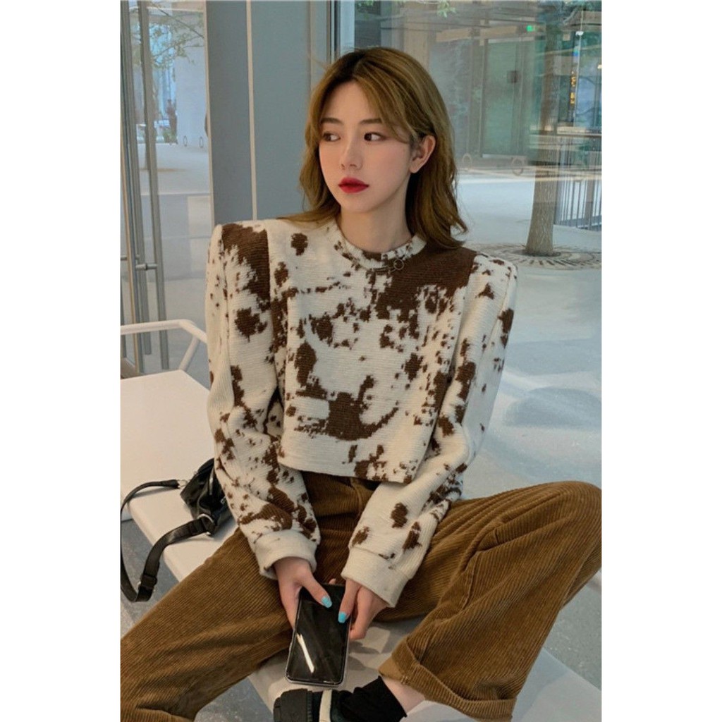 Áo len gân dáng croptop tay bồng vải loang cá tính ulzzang - Có ảnh thật