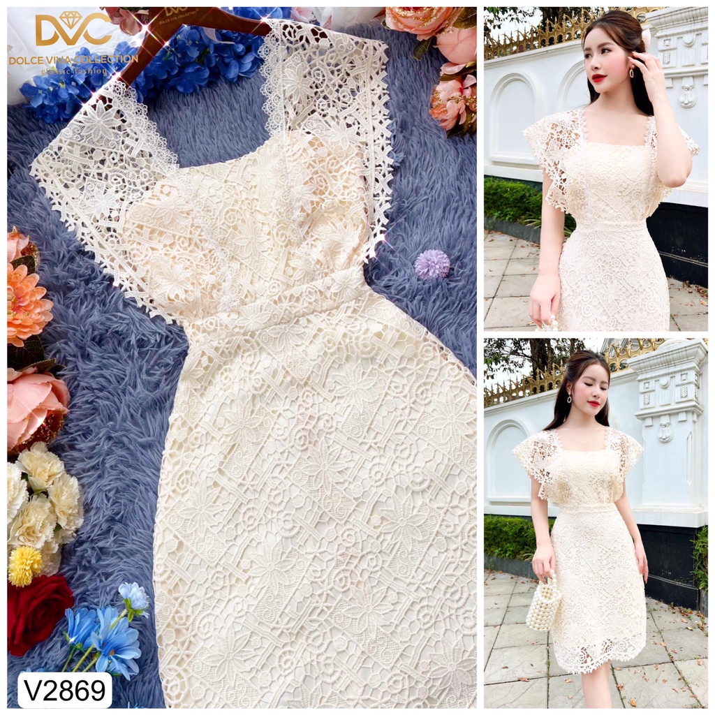 Váy chữ A ren kem cánh tiên cổ vuông siêu xinh V2869