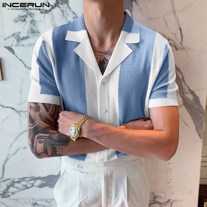 Áo sơ mi INCERUN kẻ sọc tay ngắn dệt kim thời trang hè cho nam