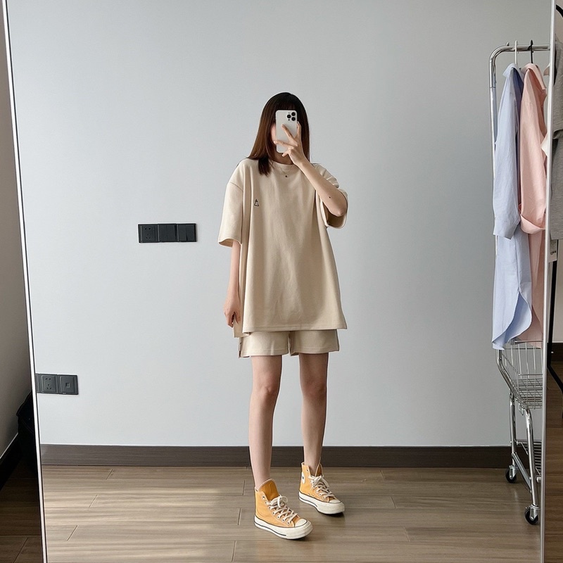 Set Quần Áo Tay Lỡ Màu Be Thêu Hình Cún Ngực Phong Cách Vintage Hàn Quốc Ulzzang Unisex PHULA | BigBuy360 - bigbuy360.vn