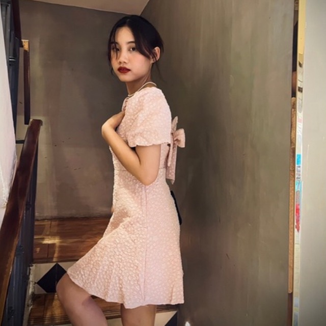 (HÀNG SẴN - HÌNH THẬT) Váy gấm xốp tiểu thư - Váy thắt nơ lưng xinh xắn phong cách Hàn Quốc