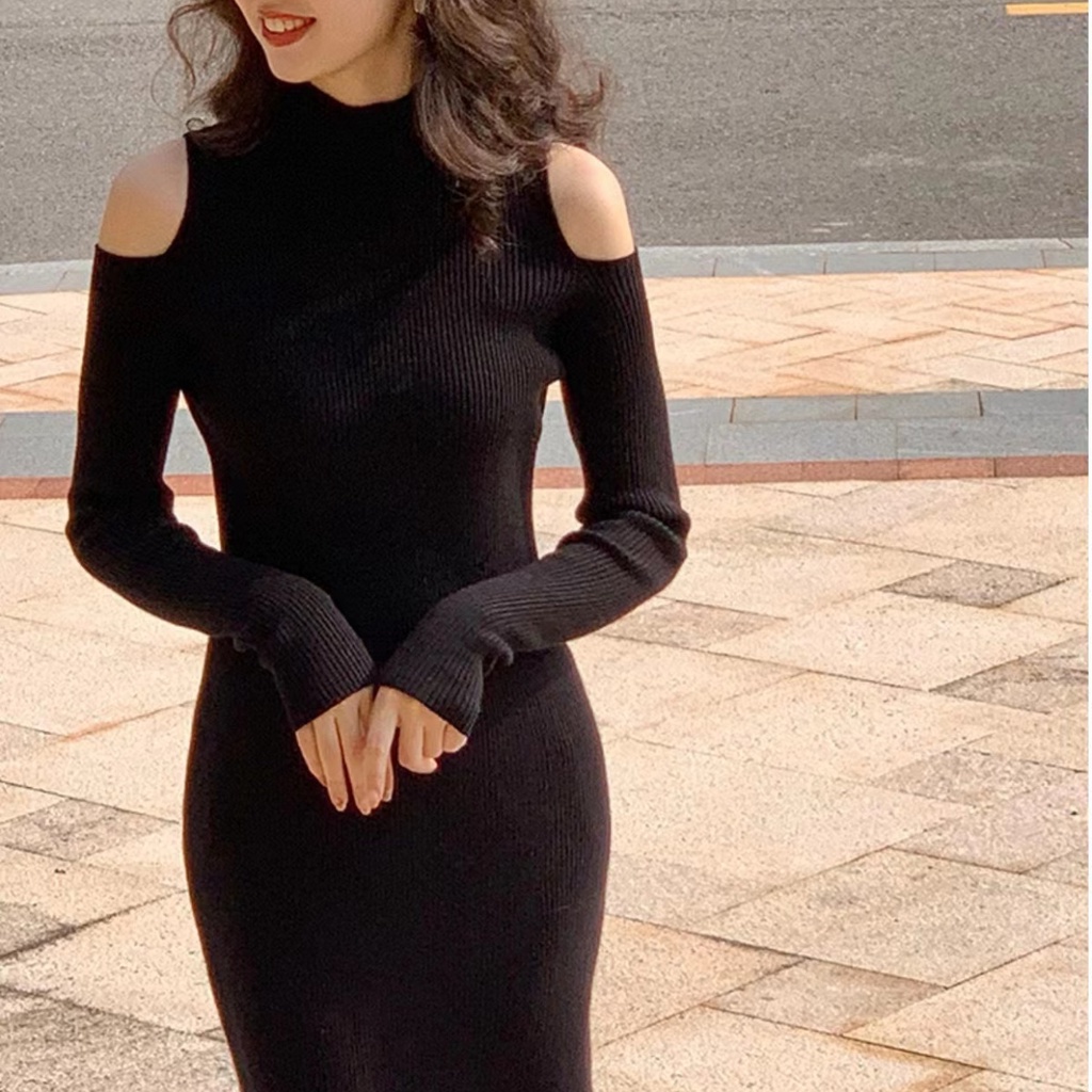 Đầm maxi SUXI dáng chữ A dệt kim trễ vai màu sắc trơn phong cách cổ điển thời trang cho nữ