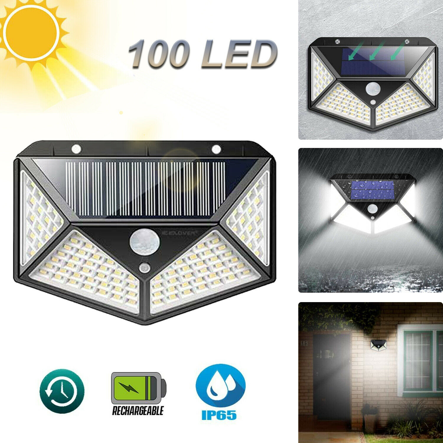 Adiodo 100 LED Ánh sáng mặt trời Đèn năng lượng mặt trời ngoài trời được cung cấp năng lượng từ ánh sáng mặt trời Cảm biến chuyển động PIR không thấm nước Đèn đường để trang trí sân vườn