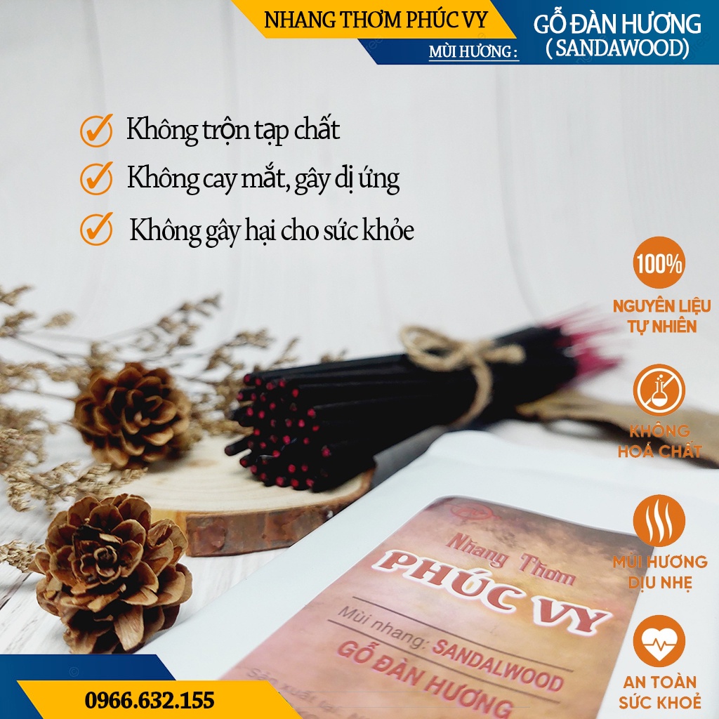 Nhang Thơm Phúc Vy Mùi Gỗ Đàn Hương - Túi 39 Cây 28cm, Ít Khói, Thơm Nhẹ, Dễ Chịu, Không kích mũi