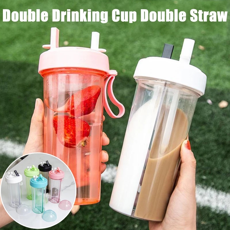Bình Nước Hai Ống Hút 600ml Có Thể Tách Rời Tiện Dụng Cho Cặp Đôi