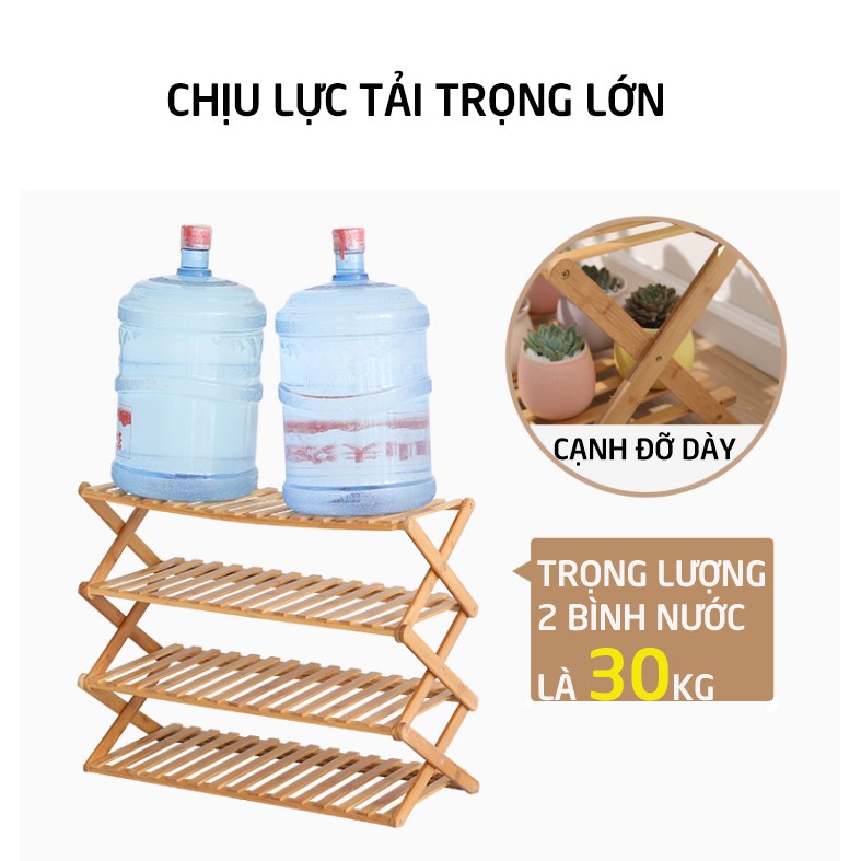 Kệ để giày dép nhiều tầng gỗ tre, gấp xếp gọn nhẹ, không cần lắp ráp để 6 -24 đôi giày người lớn cho gia đình