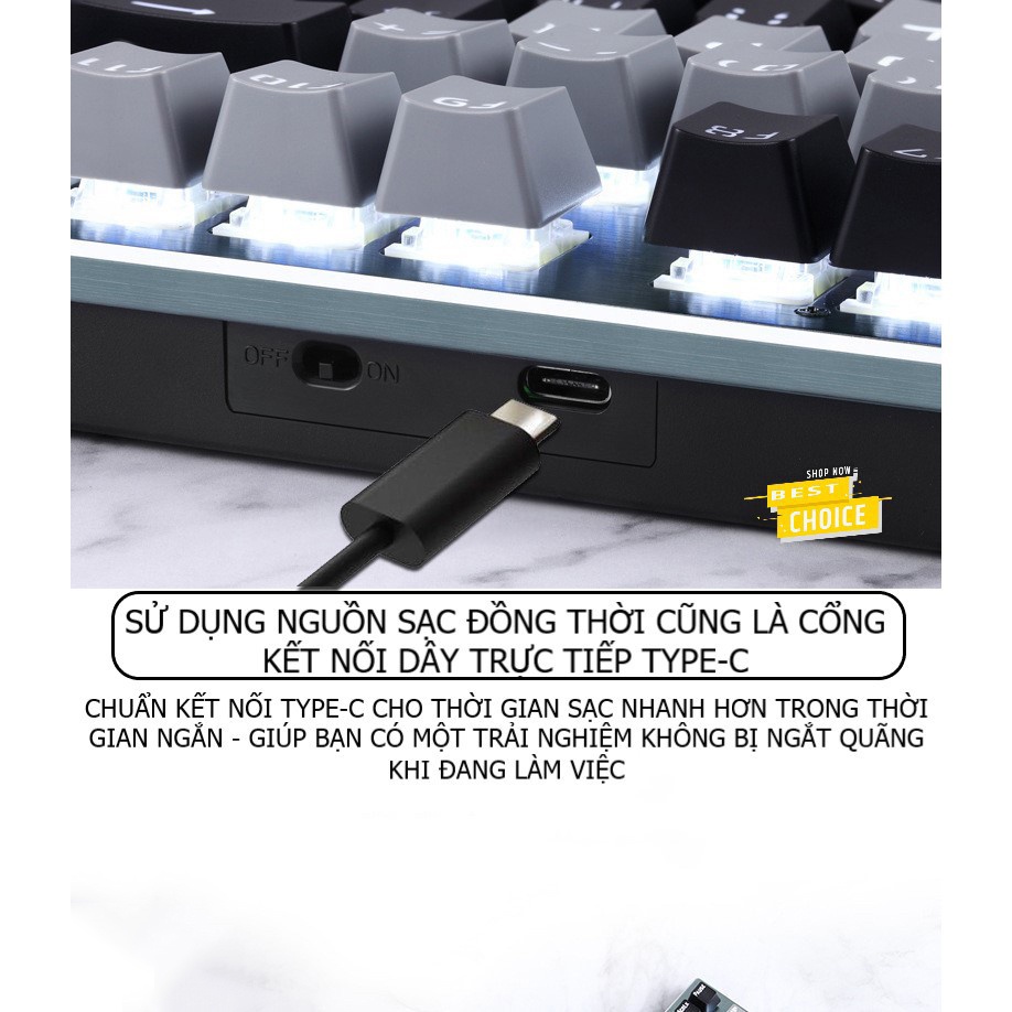 Bàn phím CƠ Bluetooth Không Dây Pin Sạc RF87 LED đẹp, phím blue switch cho máy tính pc laptop, điện thoại, máy tính bảng