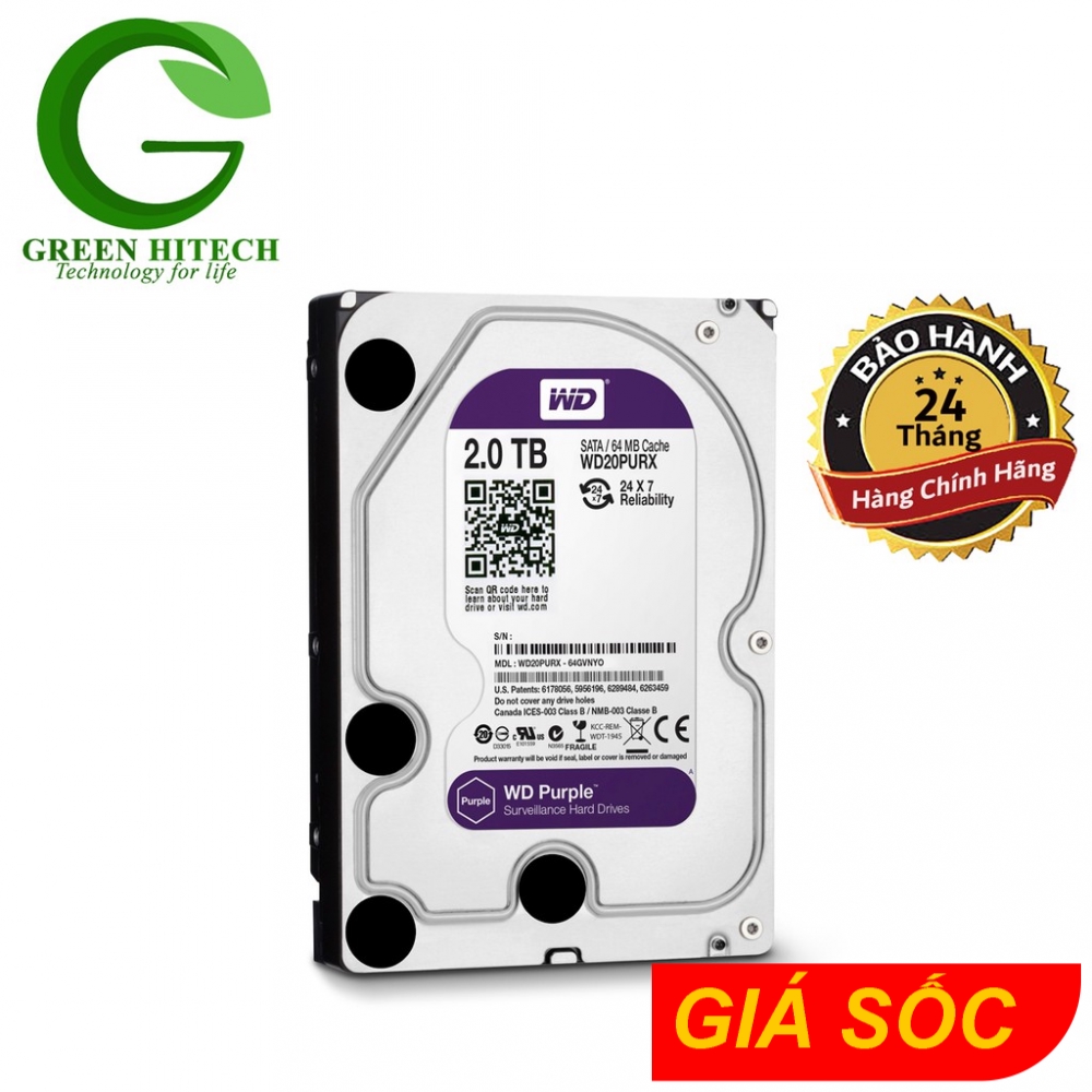 Ổ cứng camera WD Purple 2TB WD20PURX - Hàng chính hãng Renew- BH 2 năm - 1 đổi 1