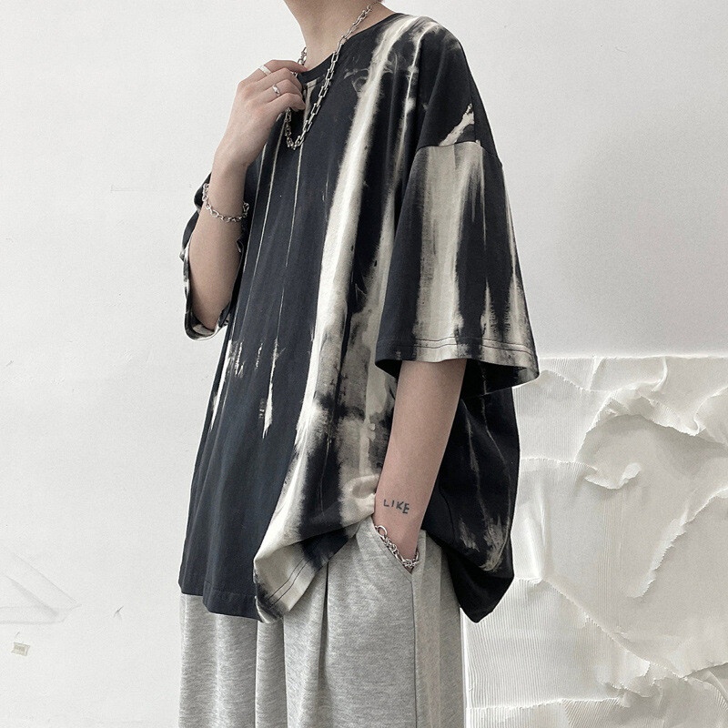 Áo thun AOKANG ngắn tay dáng rộng vừa vặn in họa tiết màu nhuộm phong cách Hàn Quốc dễ phối đồ