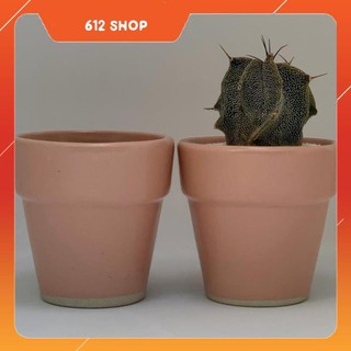 Bộ 2 Chậu Trồng Cây Cảnh Mini - 7x7x7 Cm - Gốm Sứ Bát Tràng - Mầu Hồng - Trôn Ốc