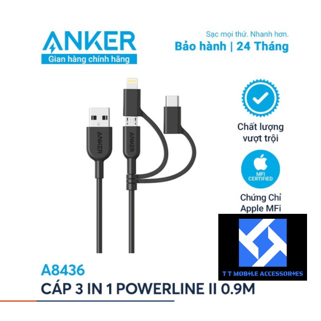 Cáp 3in1, 0.9M, A8436 (Lightning (MFi)-TypeC, MicroUSB), màu TRẮNG, CHÍNH HÃNG Anker, mới 100%, B/hành 2 năm 1 đổi 1