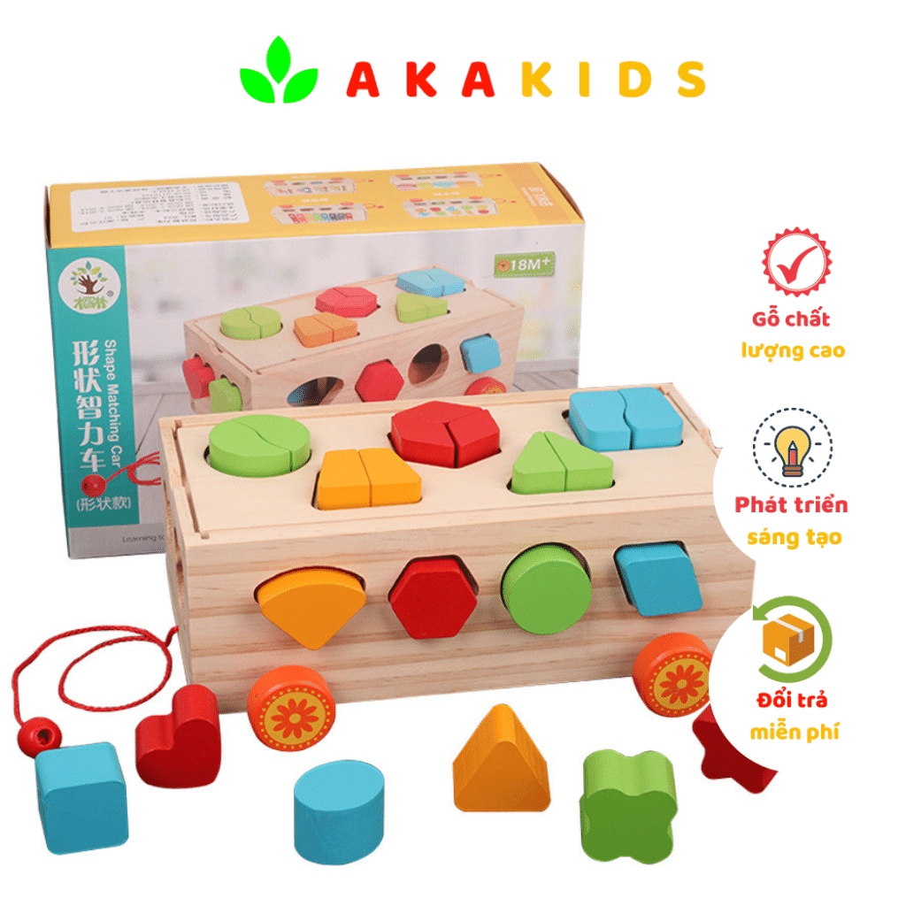 Đồ Chơi Gỗ Thông Minh Xe Kéo Thả Hình Khối Kết Hợp Số-Đàn-Bảng Phân Loại AKA KID AK14