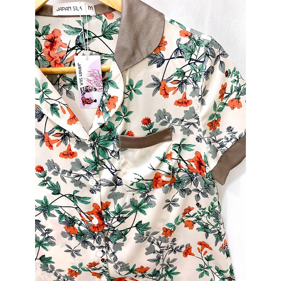 Bộ đồ ngủ lụa Nhật Japan Silk loại áo cộc quần dài tay họa tiết hoa sơn sang trọng , tươi mát