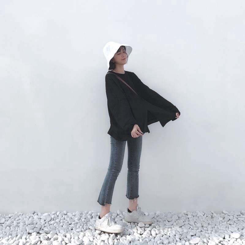 SUXI Áo thun Hàn Quốc dáng rộng dài tay màu trơn
