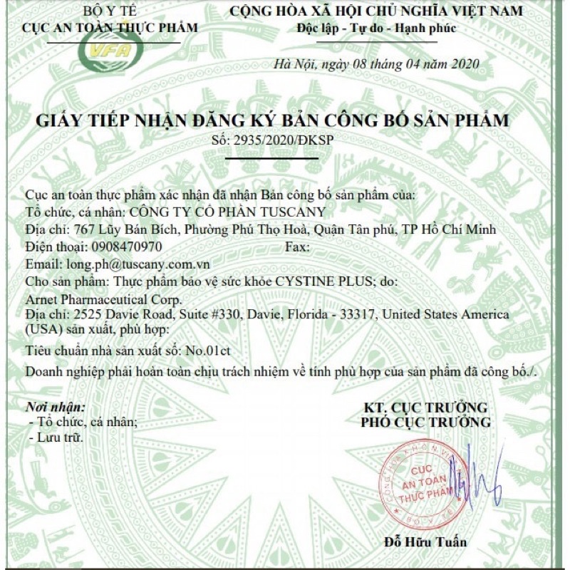 Cystine Plus - Viên uống giảm mụn, ngăn rụng tóc và giảm sắc tố Supplement Fact Cystine Plus