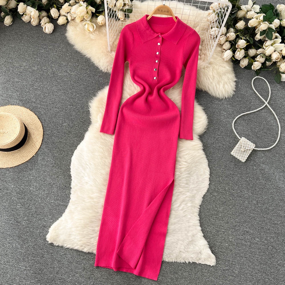 Đầm len cổ polo xẻ đùi gợi cảm, váy len dáng ôm